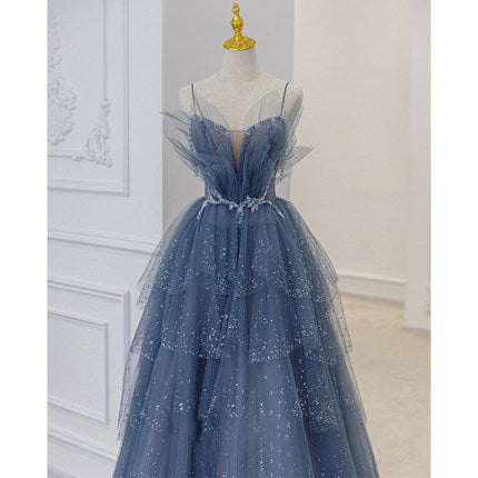 A line Tulle Dusty Blue Long Prom Dresses SH179
