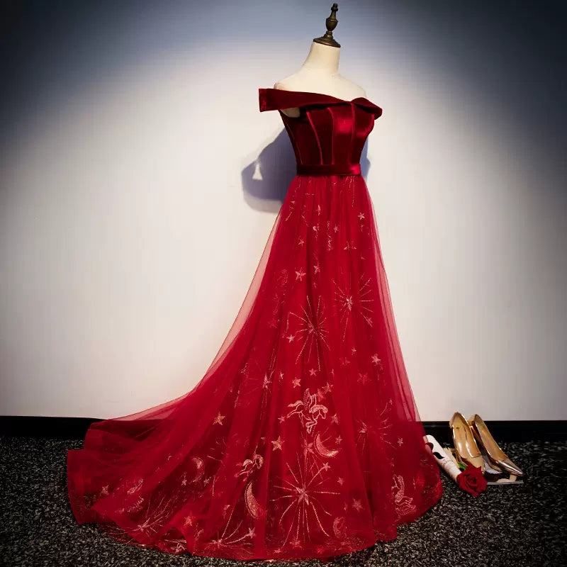 Off The Shoulder Red Tulle Prom Dresses SH150