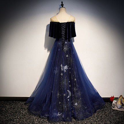 A line Navy Blue Velvet Prom Dresses Sexy Evening Dress SH081