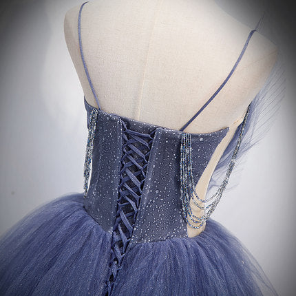 A Line Tulle Prom Dresses Straps Blue Evening Dress SH069