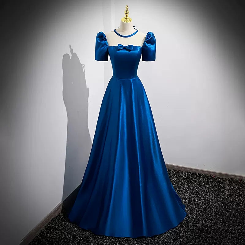 A line Square Neckline Short Sleeves Long Royal Blue Prom Dresses SH031
