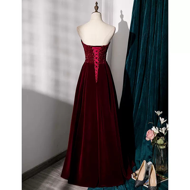 Simple A line Velvet Red Long Prom Dresses SH224