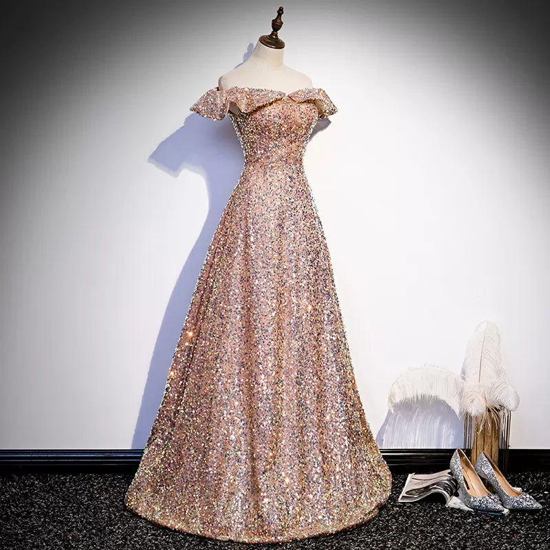 A line Off the Shoulder Pink Sequin Long Prom Dresses SH129