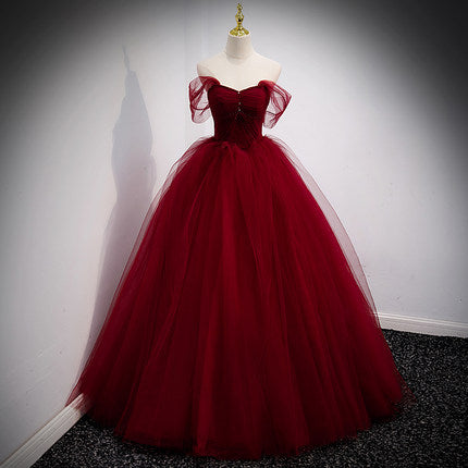 Ball Gown Burgundy Tulle Long Prom Dresses SH046