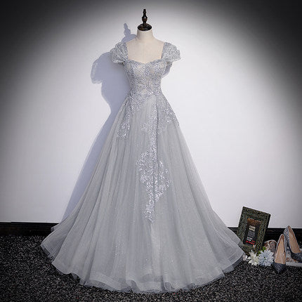 A Line Silver Gray Tulle Prom Dresses Long Prom Dress SH066