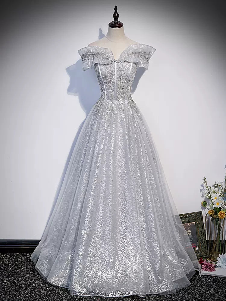 Off The Shoulder Silver Sequin Prom Dresses SH148