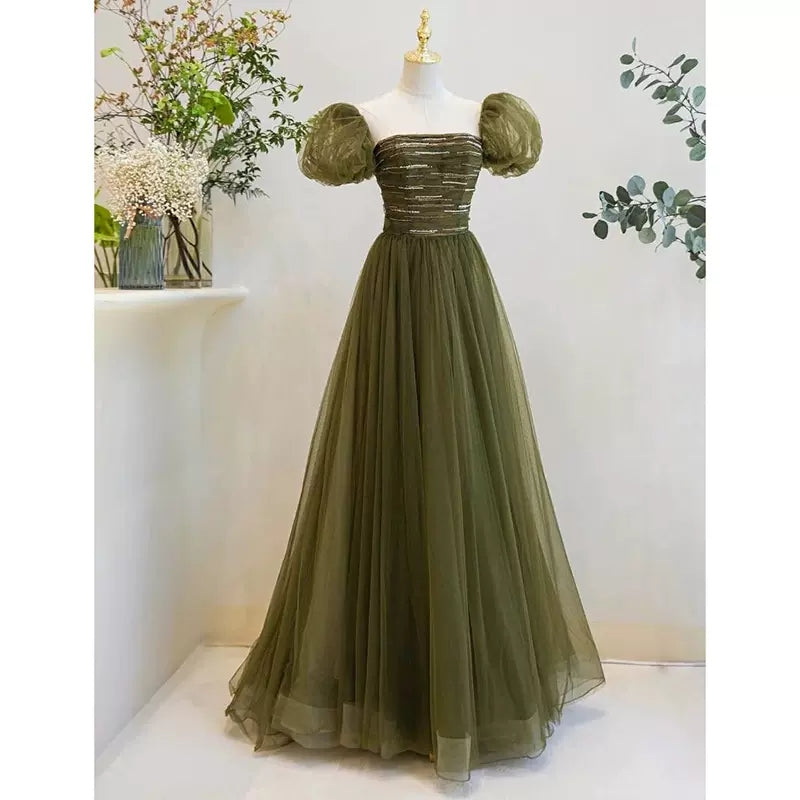 Simple A line Green Long Prom Dresses SH225