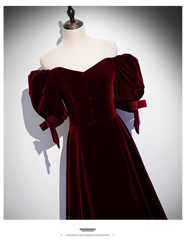 Princess Velvet Short Sleeves Long Red Prom Dresses SH041