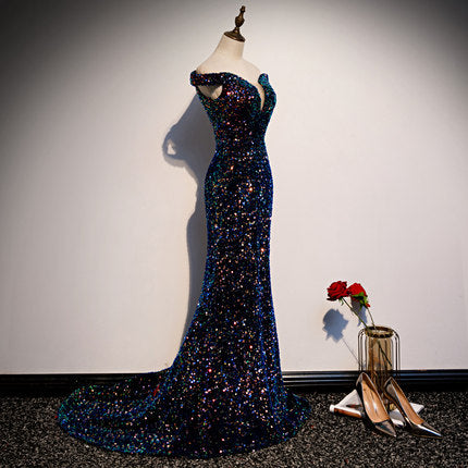 Simple Mermaid Prom Dresses Navy Blue Sequin Evening Dress SH076