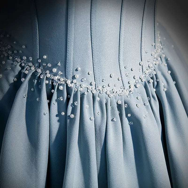 Simple A line Light Sky Blue Satin Long Prom Dresses SH047