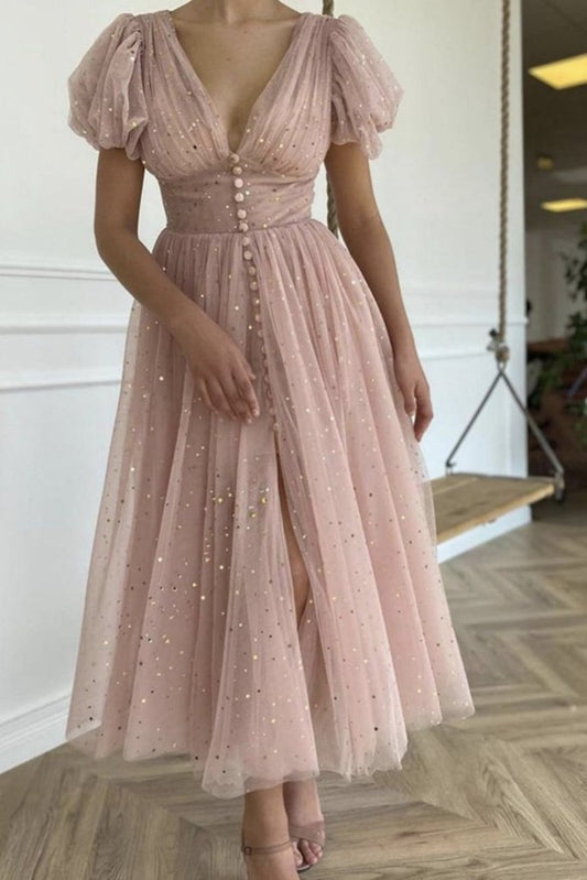 Shiny Sequins V Neck Pink Tea Length Prom Dress, V Neck Pink Homecoming Dress, Pink Formal Evening Dress KS7203