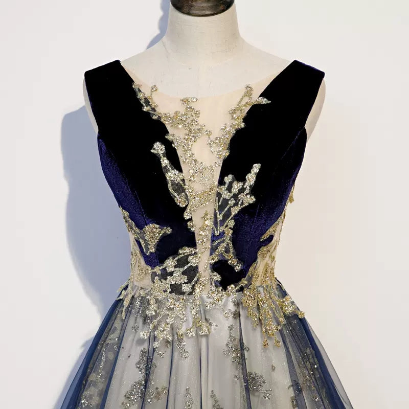 Navy Blue Tulle Long Prom Dresses SH122