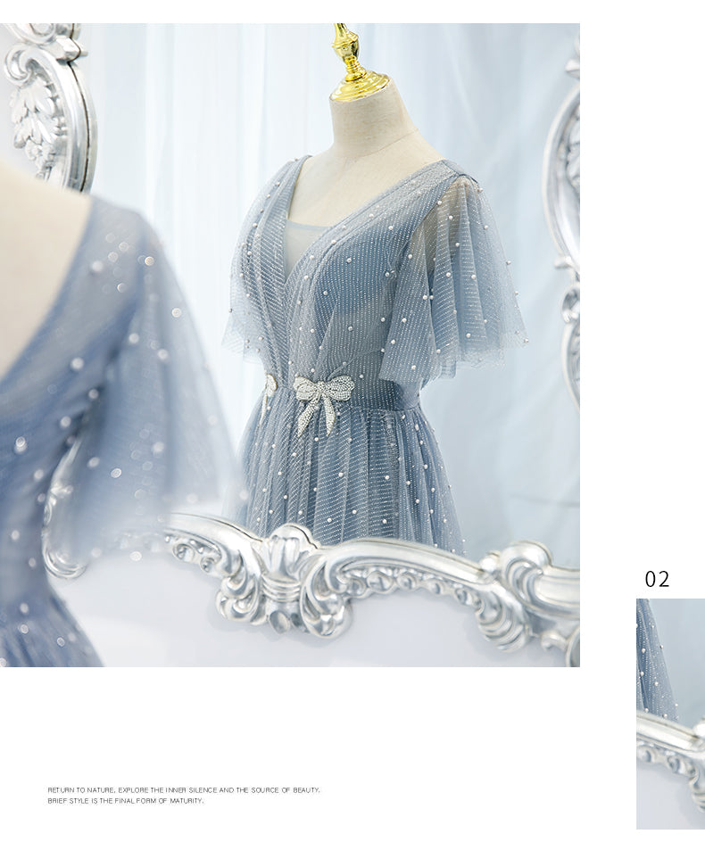 A line Light Sky Blue Tulle Prom Dresses SH171