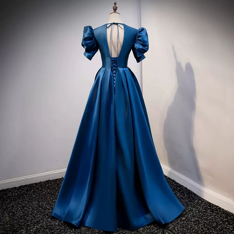 A line Short Sleeves Long Blue Prom Dresses SH051