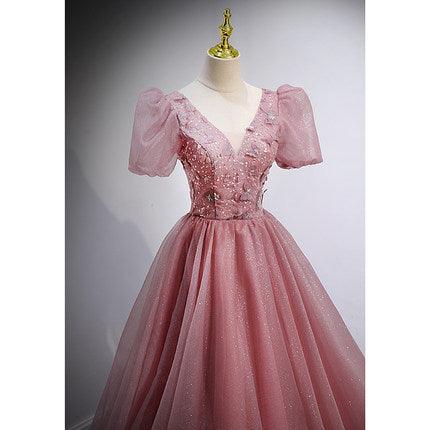 A Line Tulle Prom Dresses Short Sleeves Pink Prom Dress SH068