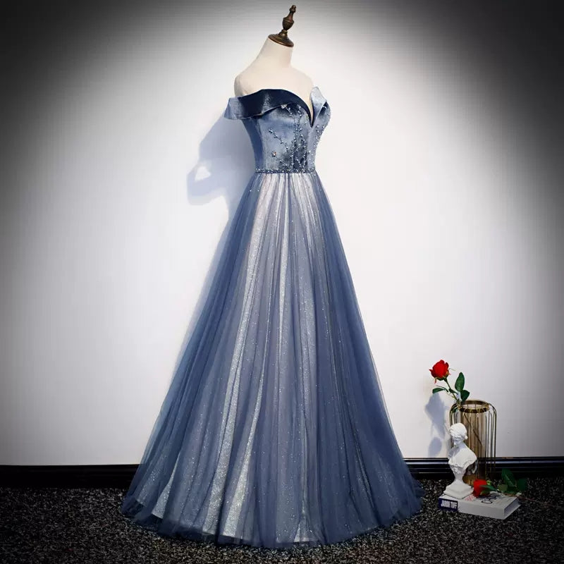 A line Off the Shoulder Blue Long Prom Dresses SH128