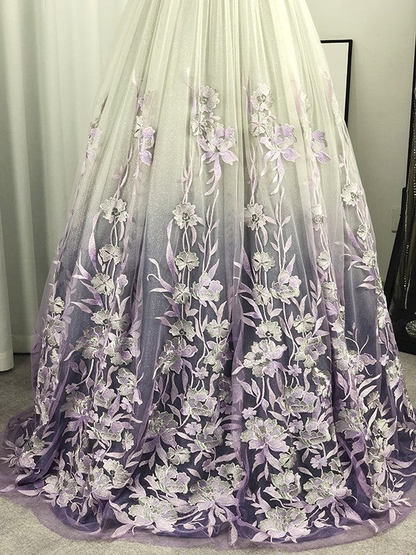 A-Line/Princess V-neck Tulle Applique Sleeveless Floor-Length Prom Dresses KS6803