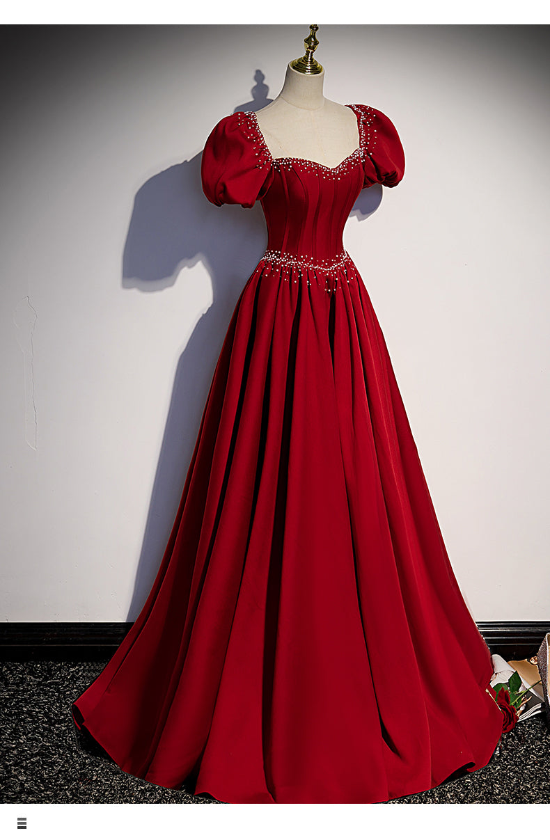 Princess Satin Short Sleeves Long Red Prom Dresses SH040