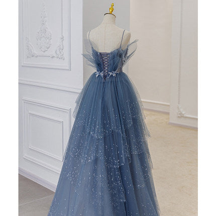 A line Tulle Dusty Blue Long Prom Dresses SH179