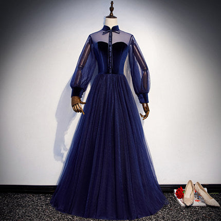 Simple A line Prom Dresses Long Sleeves Blue Tulle Evening Dress SH074
