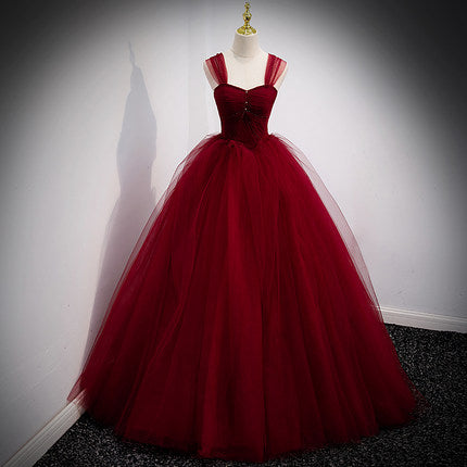Ball Gown Burgundy Tulle Long Prom Dresses SH046