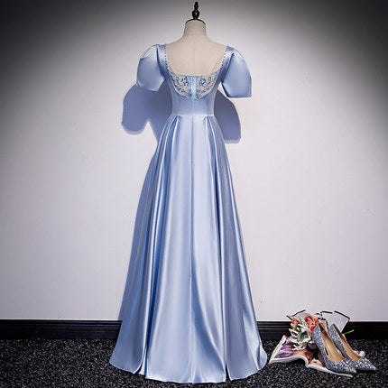 A line Short Sleeves Light Sky Blue Prom Dresses SH060