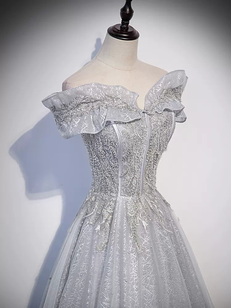 Off The Shoulder Silver Sequin Prom Dresses SH148