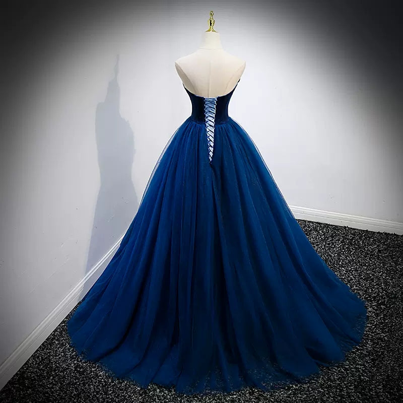 Navy Blue Tulle Strapless Prom Dresses Sexy Evening Dress SH098