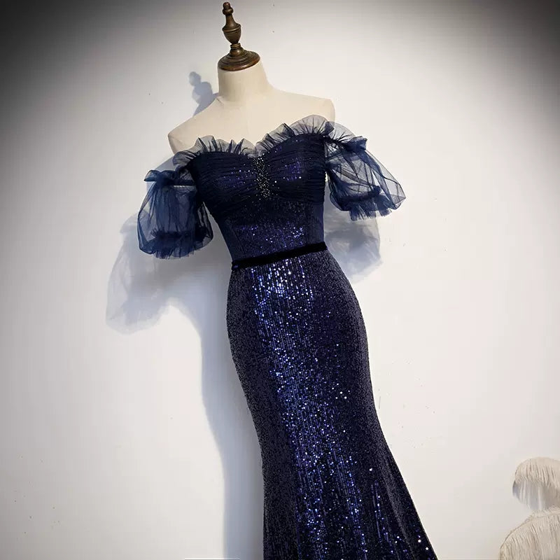 Mermaid Navy Blue Sequin Prom Dresses Sexy Evening Dress SH084