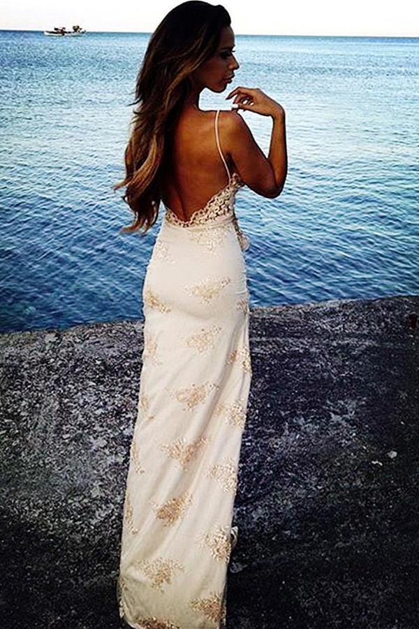 Sexy Spaghetti Straps Floor Length Backless Side Slit Appliques Prom Dress K746