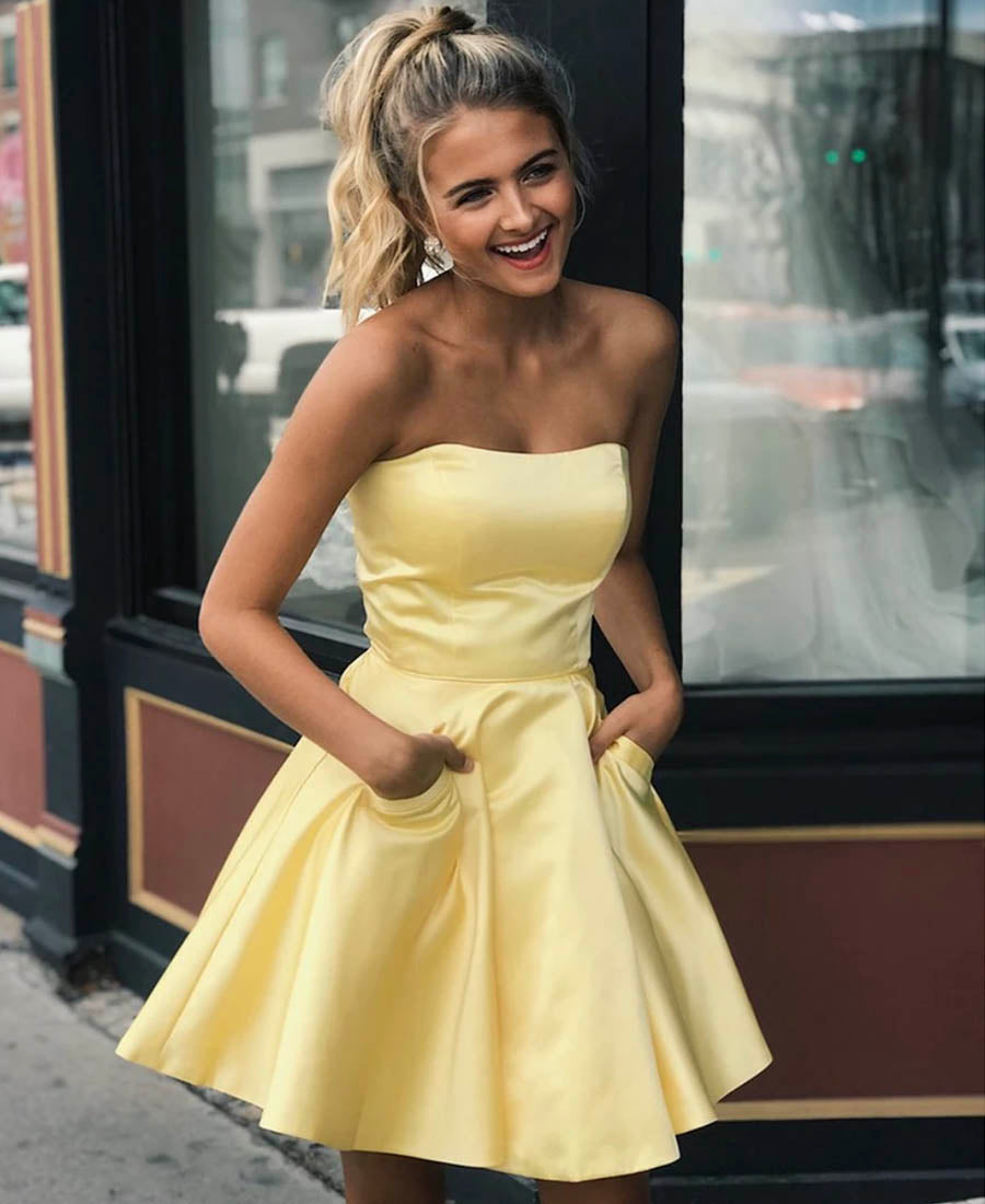 Yellow satin short prom dress party dress Homecoming Dress with Pockets P01015