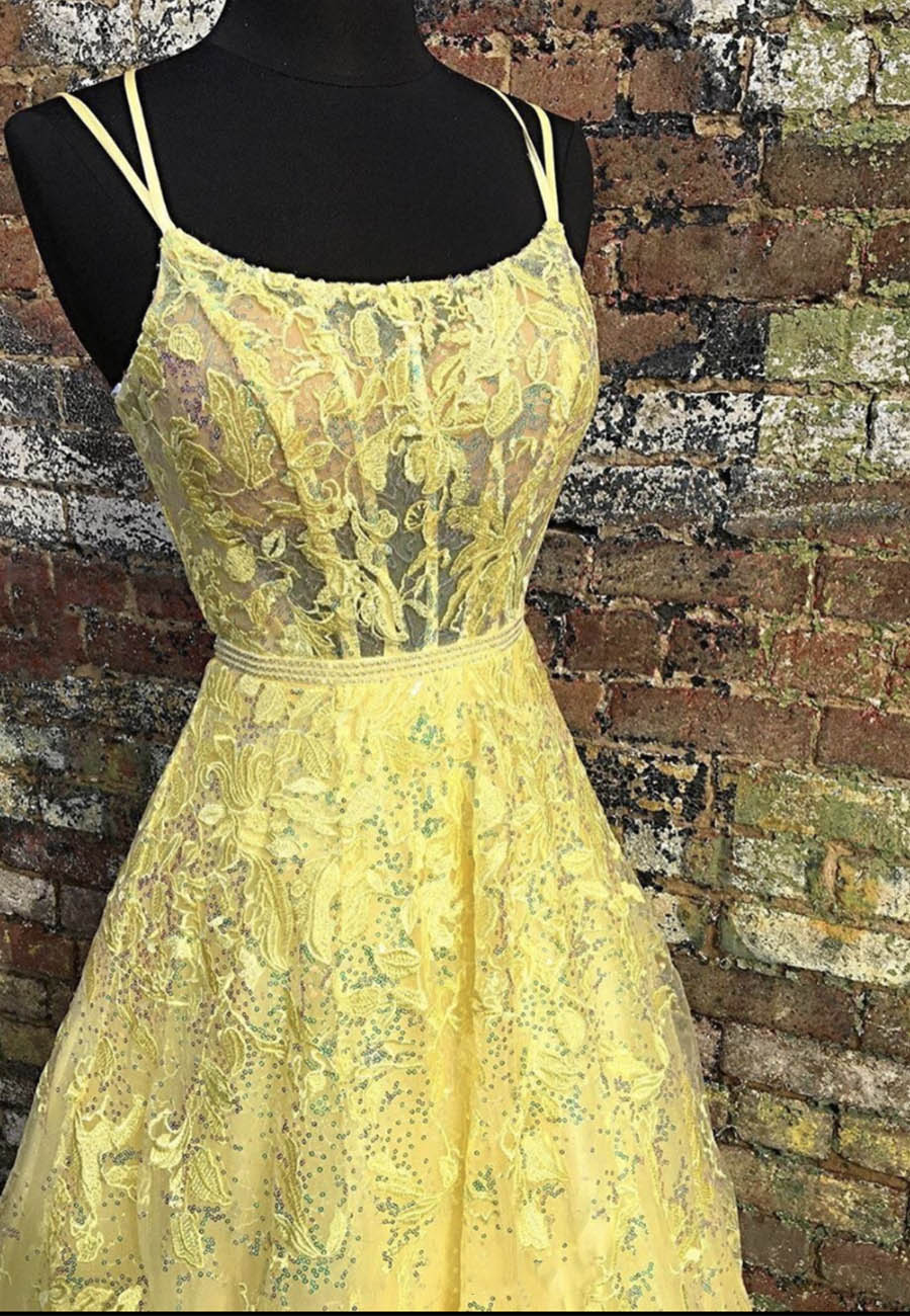 Yellow tulle lace long prom dress evening dress P01026
