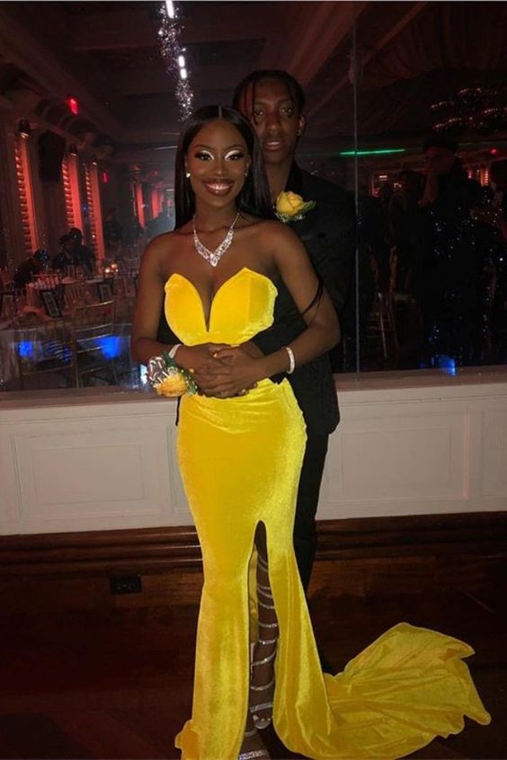 Yellow Prom Gown, Velvet Prom Gown, Side Slit Prom Gown, Long Prom Gown, Cheap Prom Gown, Sweetheart Prom Gown P01031