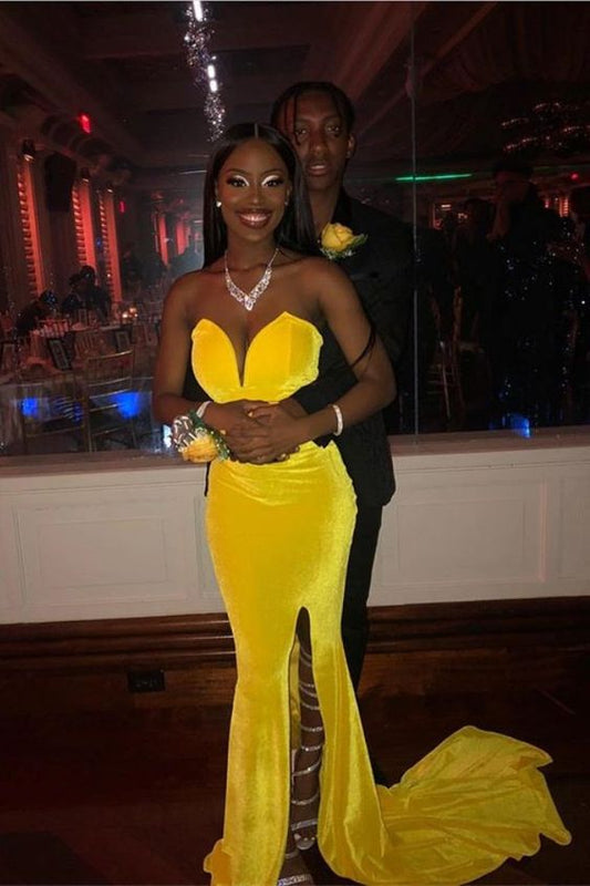 Yellow Prom Gown, Velvet Prom Gown, Side Slit Prom Gown, Long Prom Gown, Cheap Prom Gown, Sweetheart Prom Gown P01031
