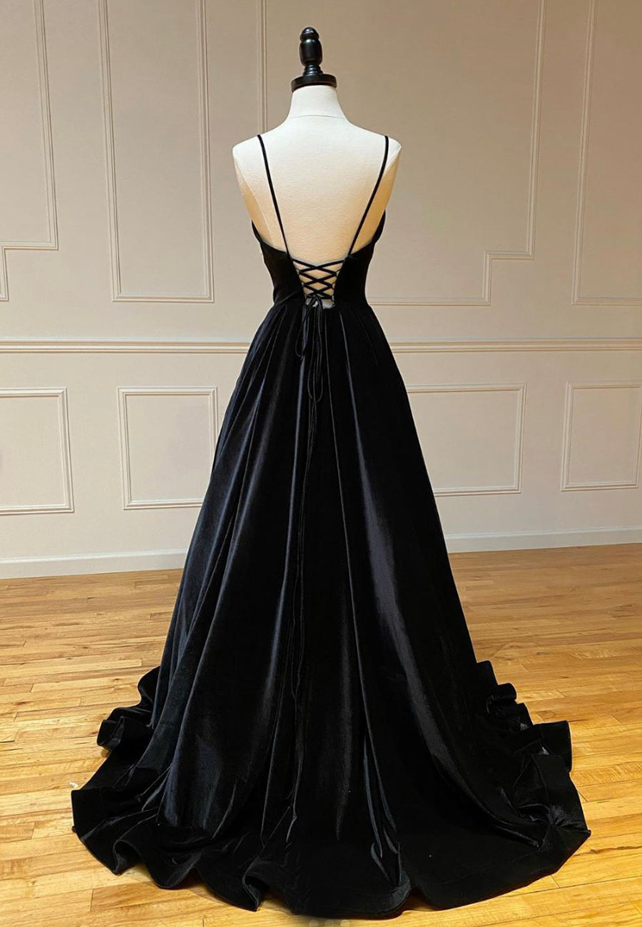 Black v neck velvet prom dress evening dress P0117
