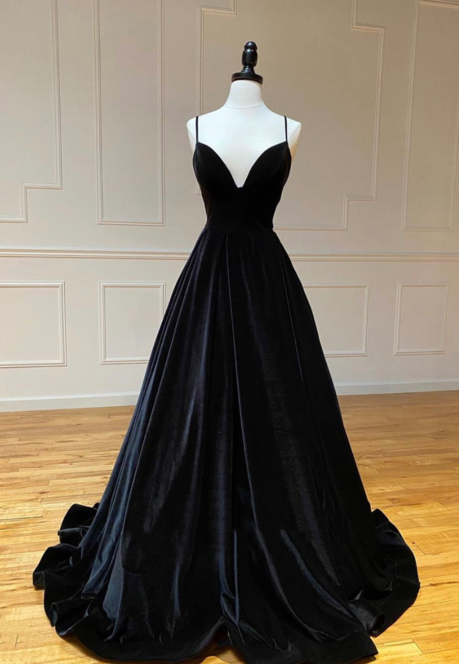 Black v neck velvet prom dress evening dress P0117