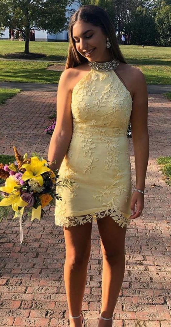 yellow short homecoming dresses, luxury short dresses with beading, sexy short prom dresses tight  P01678