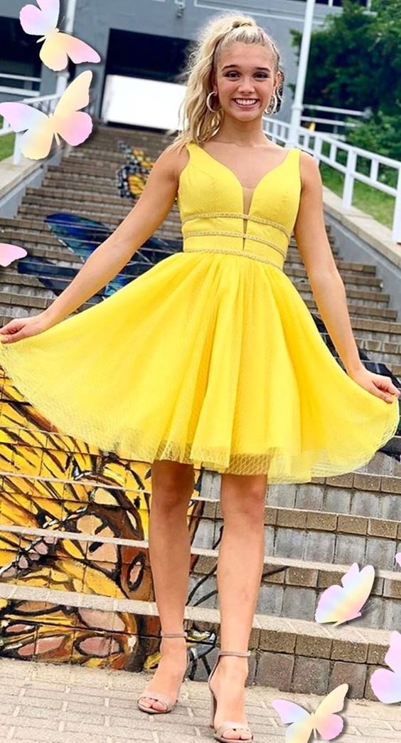 yellow short homecoming dresses, semi formal dresses for teens, cheap hoco dresses P01682