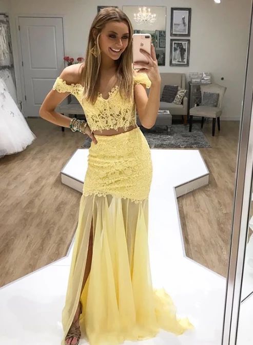 Yellow lace two pieces long prom dress, evening dress P01805