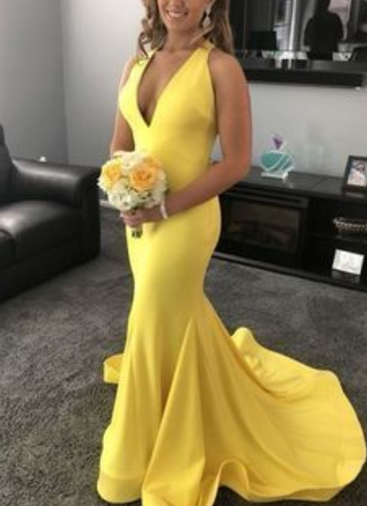 yellow mermaid formal evening dress Long Prom Dresses P01817