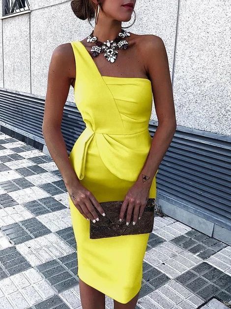 Yellow One Shoulder Ruched Bodycon Dress , Keen Length Homecoming Dress P01827