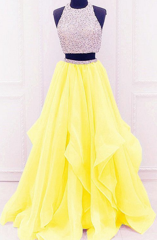 Yellow Prom Dresses,Two Piece Prom Dresses,2 Piece Prom Dresses,Sparkle Prom Dresses P02097