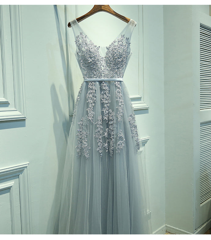 Elegant Gray A-line Tulle Long Prom Dress V Neck Prom Dresses Lace Evening Dress P0335