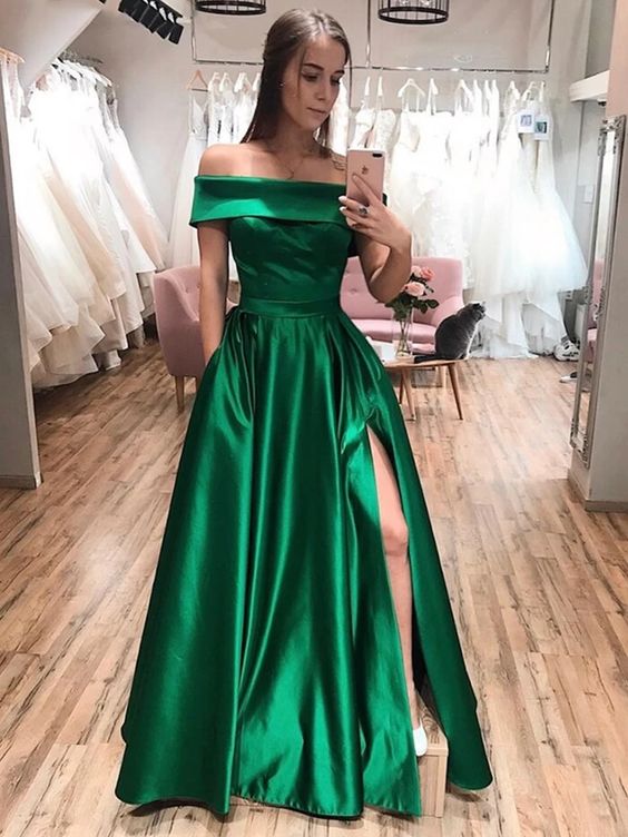 Off The Shoulder Green Satin Long Prom Dresses with Leg Slit, Off Shoulder Green Formal Evening Graduation Dresses P0399