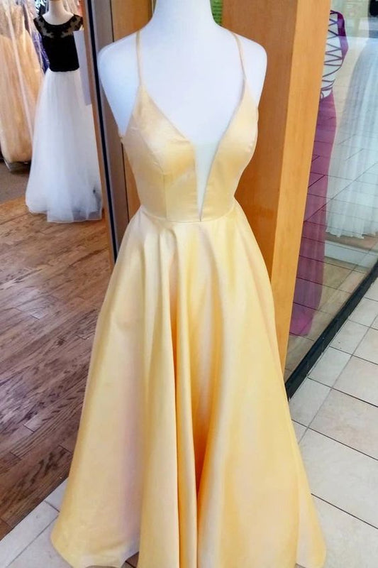 yellow prom dresses, criss cross yellow prom dresses, spaghetti strap yellow prom dresses, a line yellow prom dresses P0891
