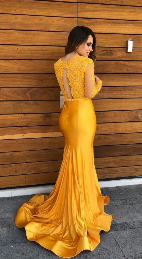 Yellow Lace Mermaid Prom Party Dresses Vintage Sheer Lace V-neck Evening Gowns Formal Red Carpet Dress with Long Sleeves P4311