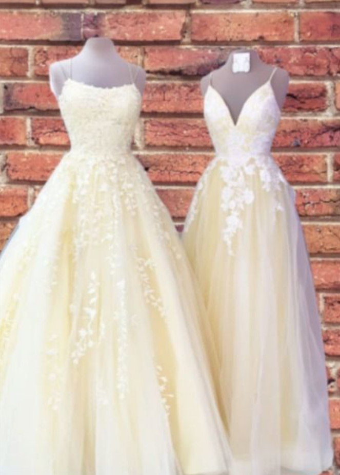 yellow prom dresses floor with lace appliques and spaghetti straps P4521