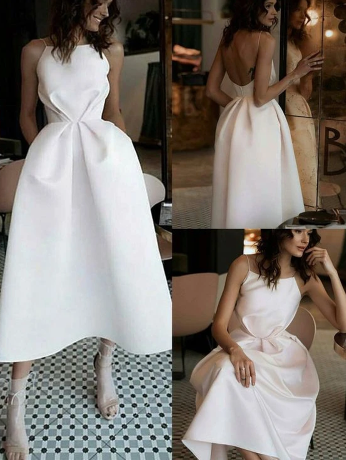 A-Line Spaghetti Straps Backless Tea-Length White Prom Dress P4990