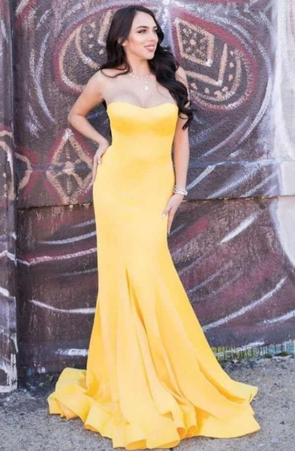 Yellow satin mermaid long prom dress yellow formal dress P5146