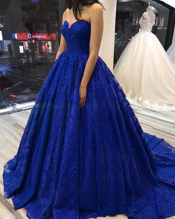 Royal blue lace ball gown prom dress sweetheart corset P5399